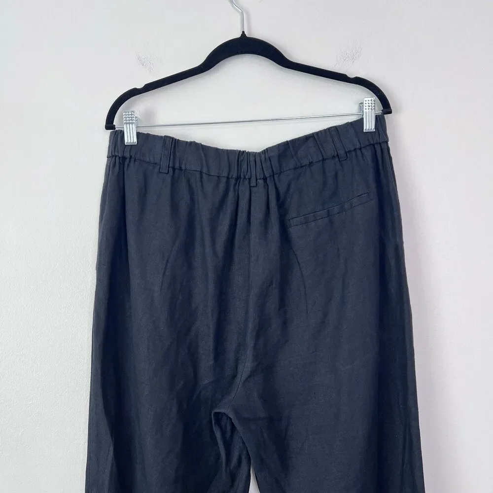 Quince 100% European Linen Pleated Trousers Black Size 14 Wide Leg High Rise